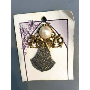 Guardian Angel Silver Gold Tone Faux Pearl Head Brooch Pin 2.5"